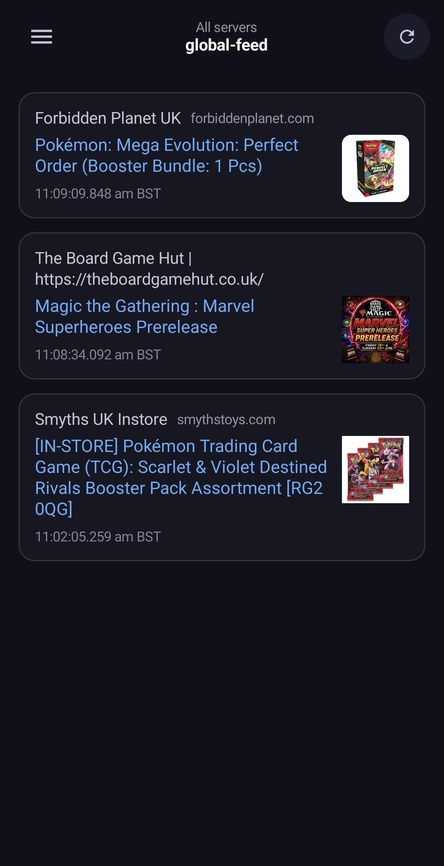 The list of restock alerts inside the app