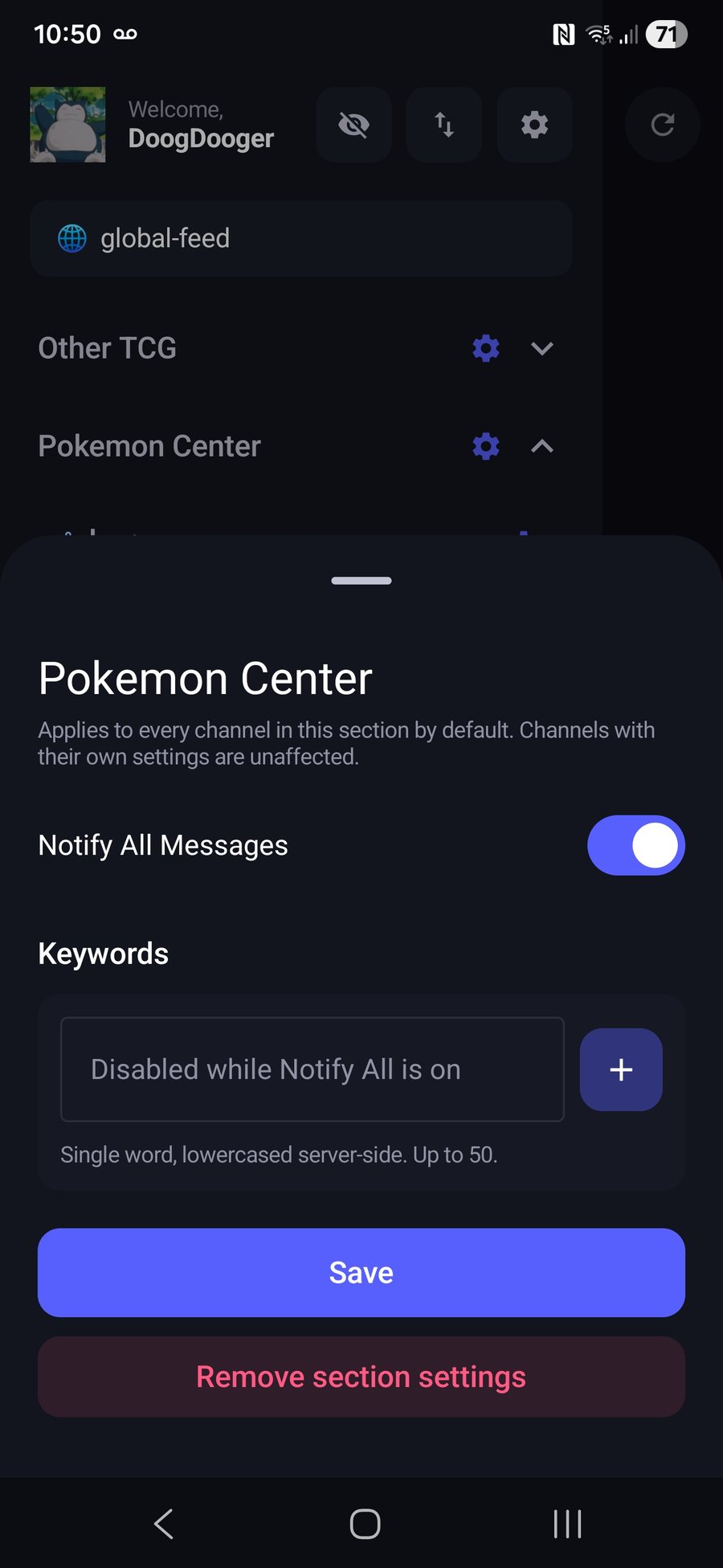 Per-section notification settings showing Notify All Messages and keyword options